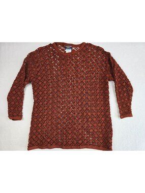 Vintage Pacific Connections Brown Rust Red Crochet Knit Top 100% Cotton Small